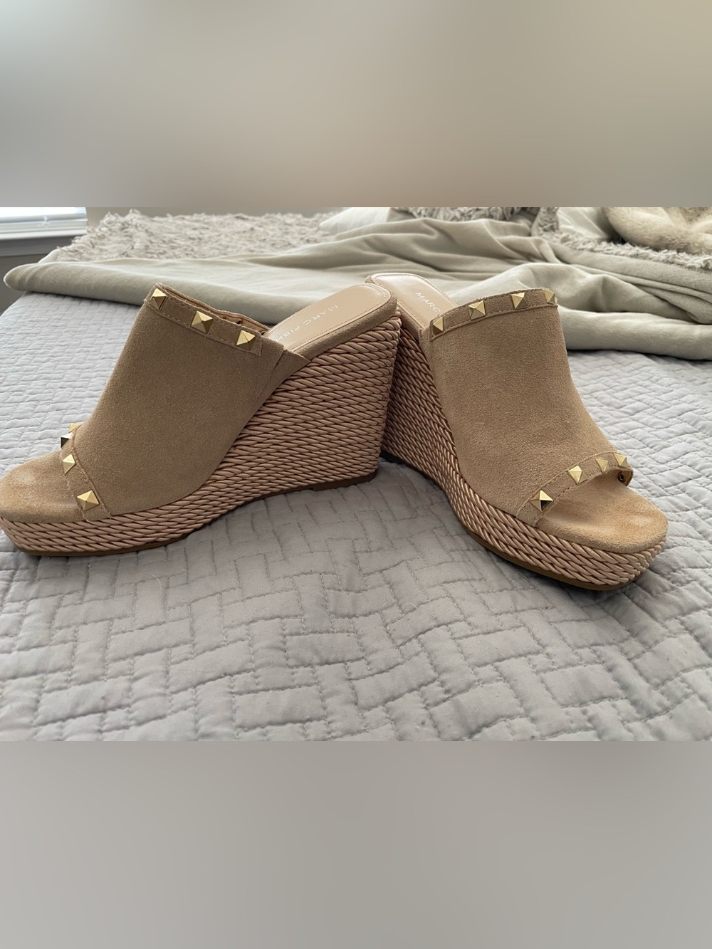 Marc Fisher Taupe Suede Wedge Slide Sandals with Gold Studs
